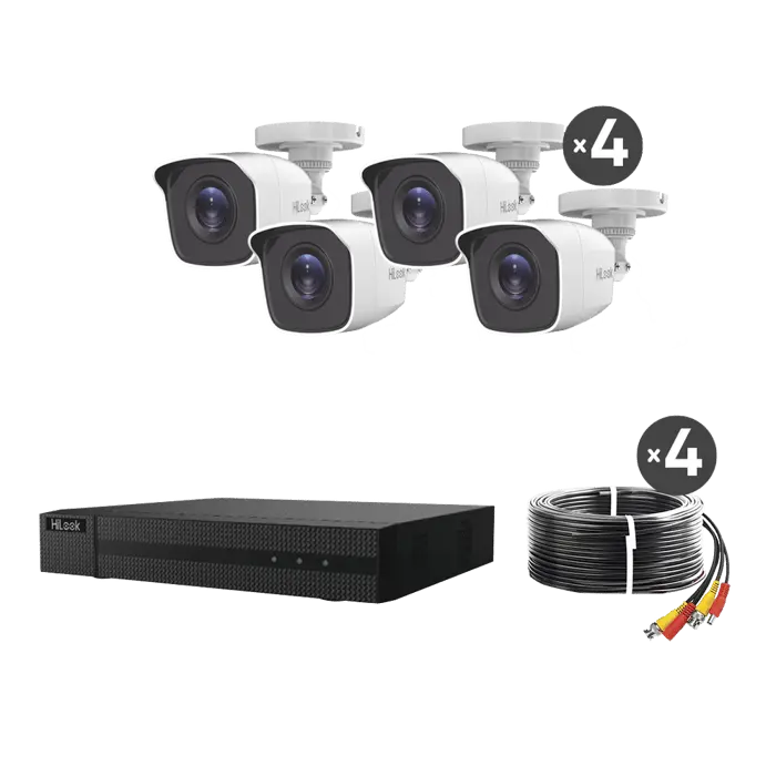 KIT TurboHD 1080p / DVR 4 canales / 4 Cámaras Bala de Metal / H.265+ / 1 Fuente de Poder Profesional / Accesorios de Instalación